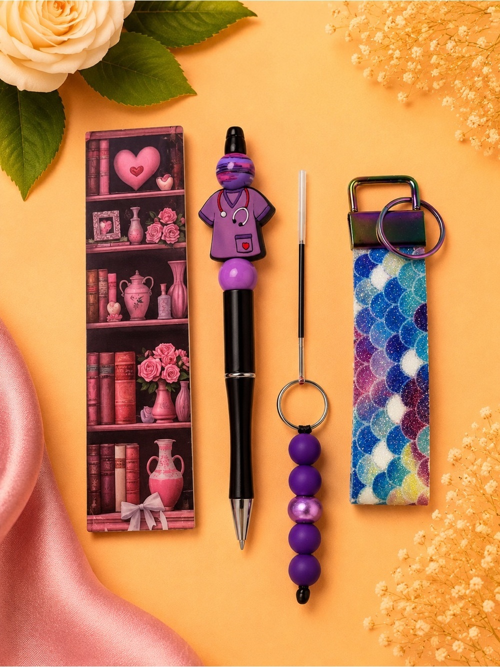 Purple Nurse-Themed Retractable Pen with Beaded Stylus and Key Fob